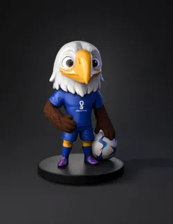 eagle mascot wearing blue FIFA World Cup jersey with brown arms white