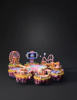 Floating amusement park with circular central plaza colorful rides s