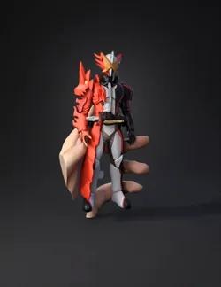 red and white armored action figure with black accents and gold dragon