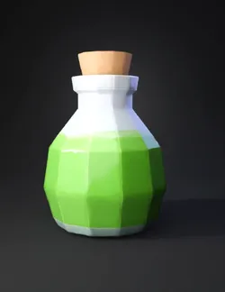 stylized glass potion bottle with green liquid and cork stopper