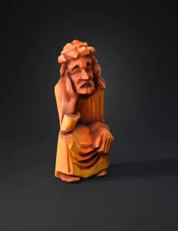 wooden carved statue with hooded figure showing wood grain and warm br