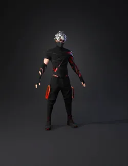 humanoid character in black and red armored outfit with silver hair an