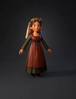 medieval girl with flower crown long brown hair wearing brown dress