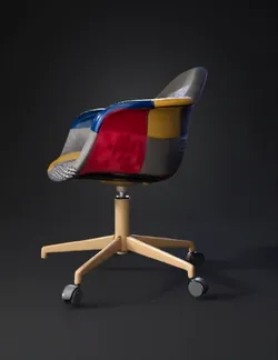 patchwork fabric swivel chair with gold metal base and caster wheels