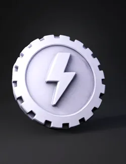 teal gear shaped token with a raised lightning bolt and rugged outer e