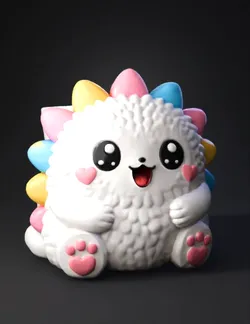 white fluffy plush toy with pastel rainbow spikes pink paw pads cute