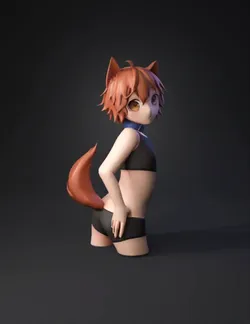 cat girl with cat ears and tail wearing black sports bra and shorts
