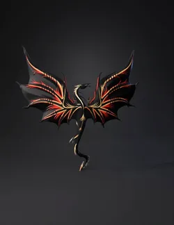dragon silhouette with spread wings black body with red and gold acce