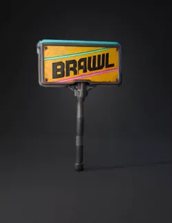 neon sign hammer prop with BRAWL text yellow weathered panel blue an