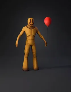 yellow humanoid ragdoll like character holding a red balloon