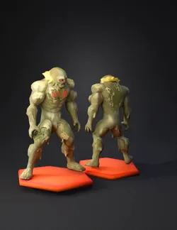 alien creature figure with olive green skin red chest accents yellow