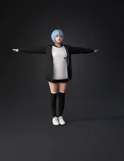 blue haired humanoid figure wearing black jacket white shirt black s