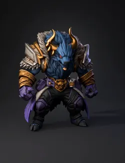 blue wolf like armored creature with gold and purple armor horns fur