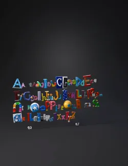 Colorful 3D alphabet letters with varied textures and shapes on a blac