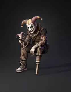 creepy clown figure sitting on a wooden shelf detailed patchwork clot
