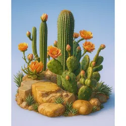 Desert Cacti Diorama — High-Detail STL (Cacti, Rocks & Flowers)