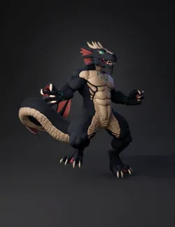 muscular dragon humanoid creature with dark blue skin beige underbell