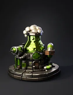 stylized alchemical lab with glowing green potion in a glass flask on