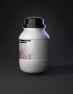 white plastic bottle with black screw cap and partially visible label