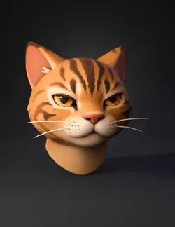 Create a stylized 3D male feline head only front facing and perfectly
