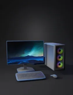 gaming computer setup with monitor and tower against blue gradient bac