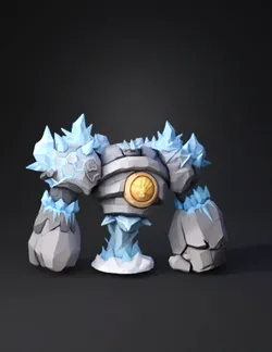 ice golem with glowing golden core gray stone body and blue crystal