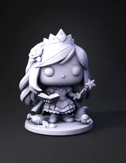 purple haired princess figurine with crown dress wand book base a