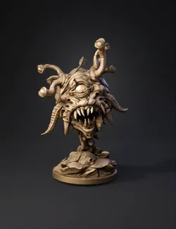 tentacled monster bust with multiple eyestalks and fangs on rocky base