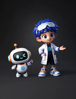 white robot with blue eyes and orange accents beside a blue haired sci