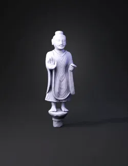 buddha statue on pedestal with draped robe in gray stone texture