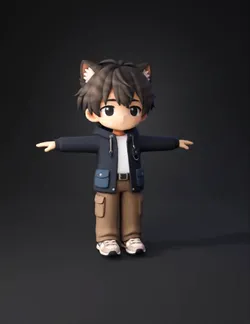 Chibi humanoid avatar with cat ears navy jacket beige cargo pants w