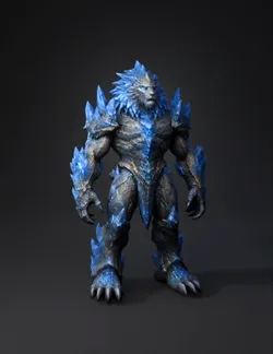 ice crystal golem with blue crystalline armor and gray rocky body fan