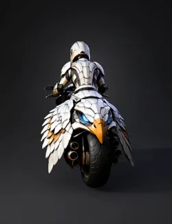 rear view of a feathered eagle inspired motorcycle with rider white a