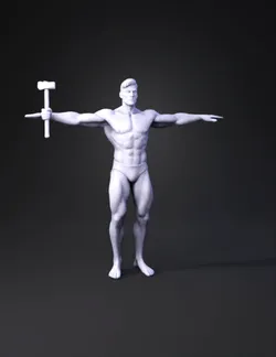 take his face and create a musculare body holding a hammer and steppin
