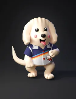 dog wearing blue striped shirt with bear emblem