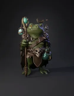 green swamp goblin wielding a staff and potion with skull belt fantas