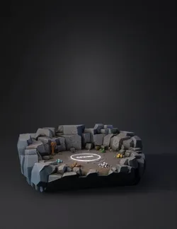 round glowing spawn circle on rocky platform surrounded by ore piles