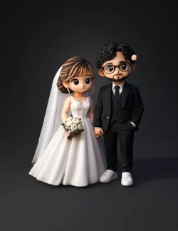 bride and groom dolls in wedding attire with bouquet