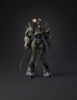 female armored warrior with spiked white and orange armor sword acces