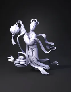 goddess figure in traditional attire holding a lantern beside a basket