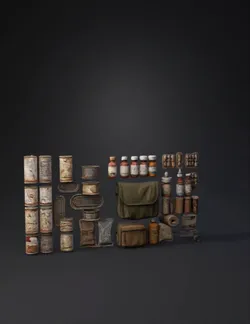 olive drab medical kit bag surrounded by vintage metal cans tins bli