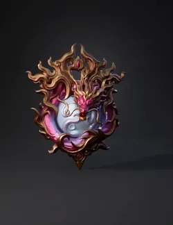 ornate dragon emblem with pink dragon in a glowing blue orb surrounded