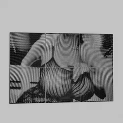 WALL ART - a blonde woman in a black stops and shows her big tits.