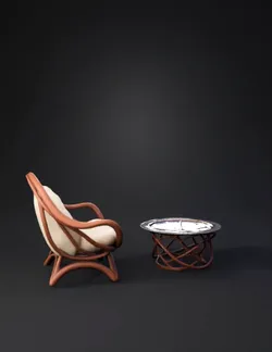 Wicker chair and round wicker table woven textures line drawing with