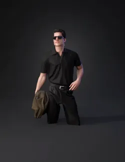 adult male figure wearing a black polo shirt and dark pants holding a