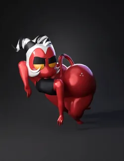 anthropomorphic demon girl with pink red skin black top yellow eyes