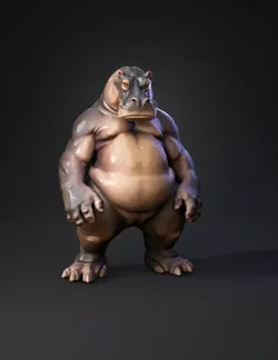bulky humanoid hippo with textured brown gray skin and muscular torso