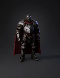 full suit of dark metallic plate armor against a fiery orange backgrou