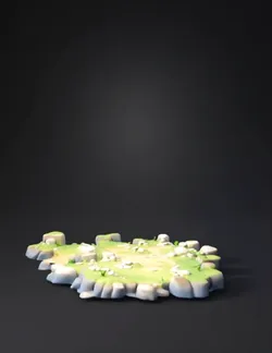 island with grassy rocky terrain and scattered boulders surrounded by