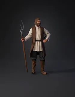 medieval farmer with pitchfork brown vest over white tunic standing